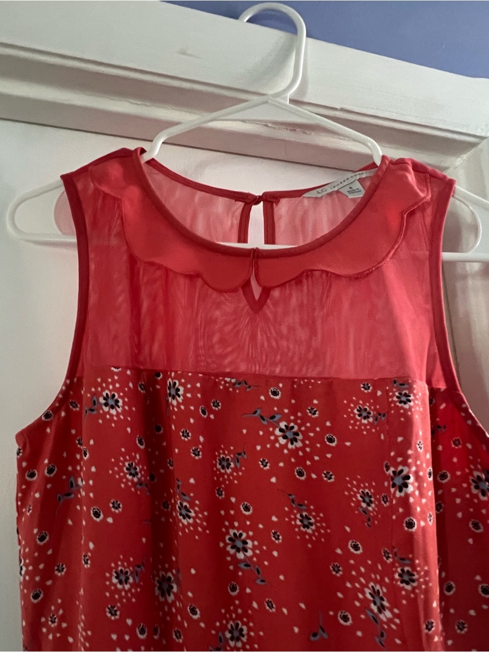 Women's Coral Floral Sleeveless Blouse with Sheer Yoke
